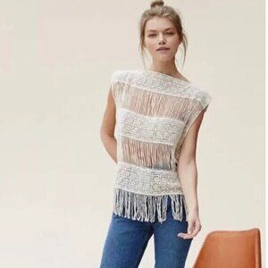 Anthropologie Callahan Cream Crochet Fringe Top Boat Neck Womens Size S